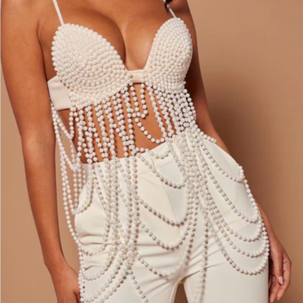 Fashion Nova Pearl Embellished Top - Cream